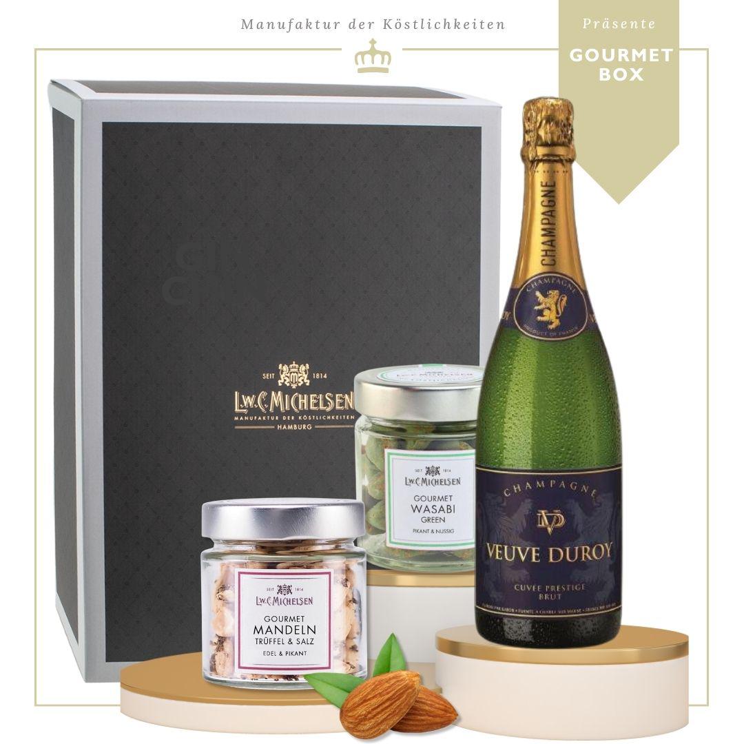 E&V No3 - Champagner-Geschenk mit Trüffelmandeln & Gourmet-Snacks