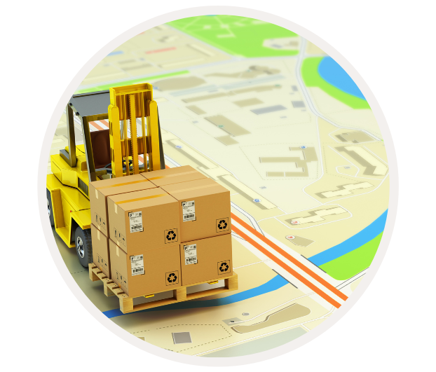 Ein gelber Gabelstapler bewegt Kartons auf einer digitalen Landkarte, Konzept für Logistik und Versand.