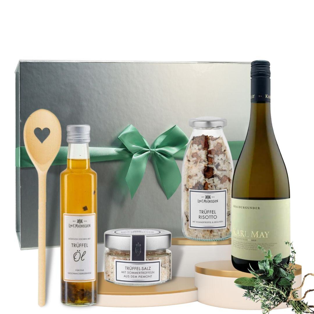 Edles Geschenkset mit Trüffelöl, Trüffelrisotto, Trüffelsalz, Holzlöffel und Weißwein in silberner Geschenkbox mit grüner Schleife